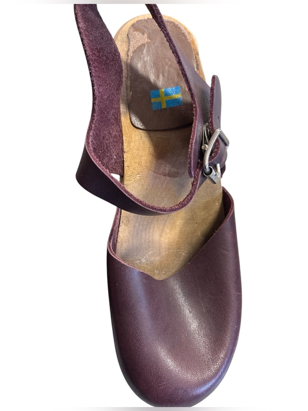 MIA Swedish ABBA Wine Clogs Leather Wood Heel Burgundy Maroon Buckle Sz 39 - Picture 5 of 6